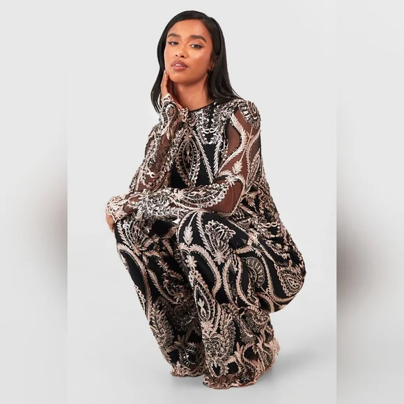 NWT Sz 16 Boohoo GZZ69694 Champagne & Black Embellished Damask Jumpsuit - Picture 4 of 5